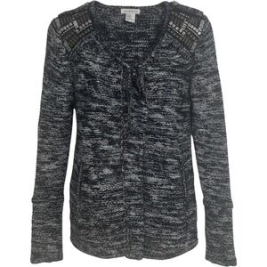 Jamison Womens Black White Marled Knit Beaded Shoulder Asymmetric Zip Cardigan M